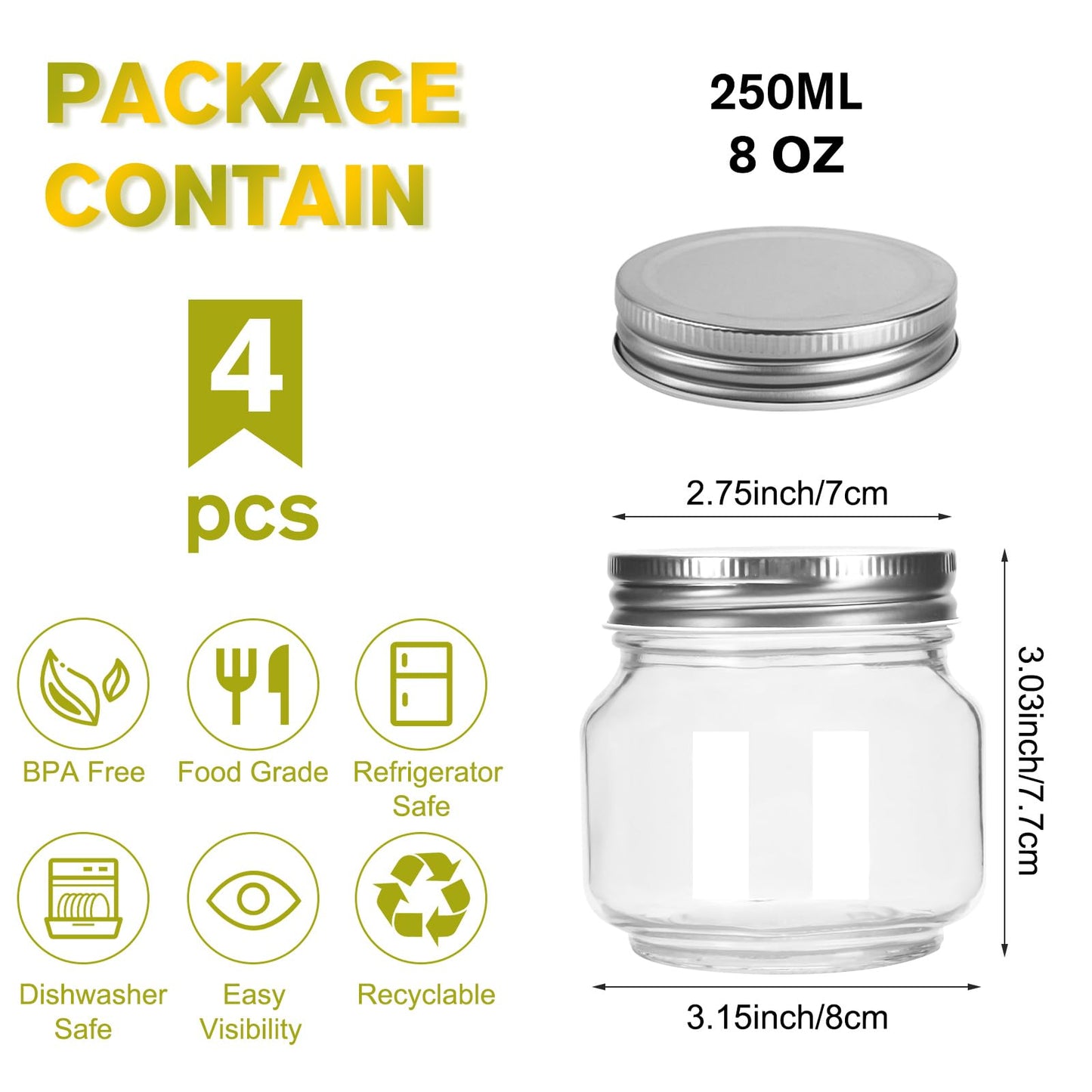 ODDMUCK Glass Mason Jars, 4 Pack 8oz Clear Small Canning Jars with Lids for Sealing, Ideal for Food Storage, Snacks, Candies, Jam, Honey, Wedding Favors, Premium Spices & Bathroom Vanity Decor