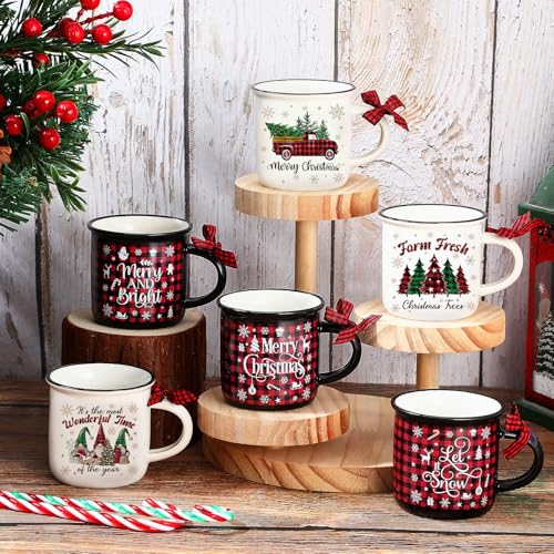 Suttmin 6 Pack Christmas Mini Coffee Mugs 5.07 oz Buffalo Plaid Red & Black for Holiday Decor