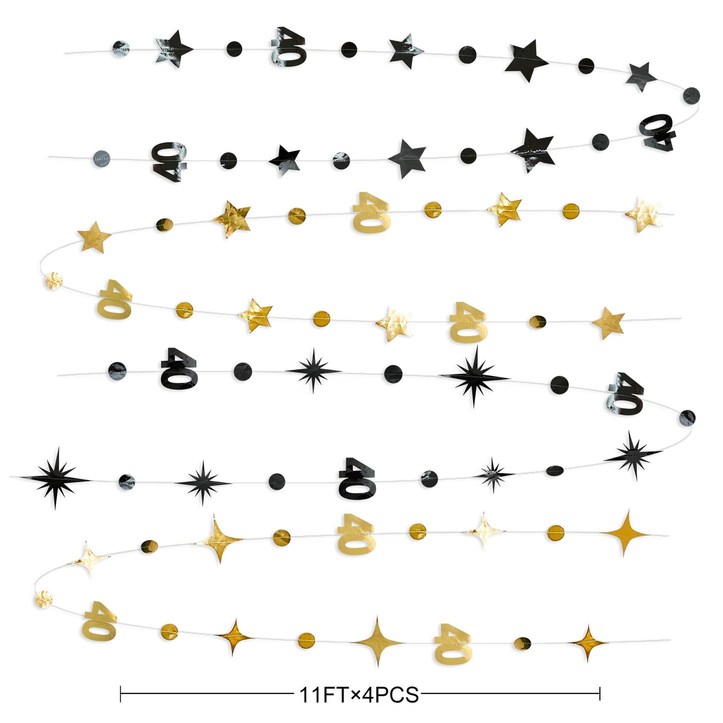 Black Gold 40th Birthday Decorations Number 40 Circle Dot Twinkle Star Garland Streamer Bunting Banner Backdrop for Women Mens Cheers to 40 Years Old Birthday Happy 40th Anniversary Party Supplies