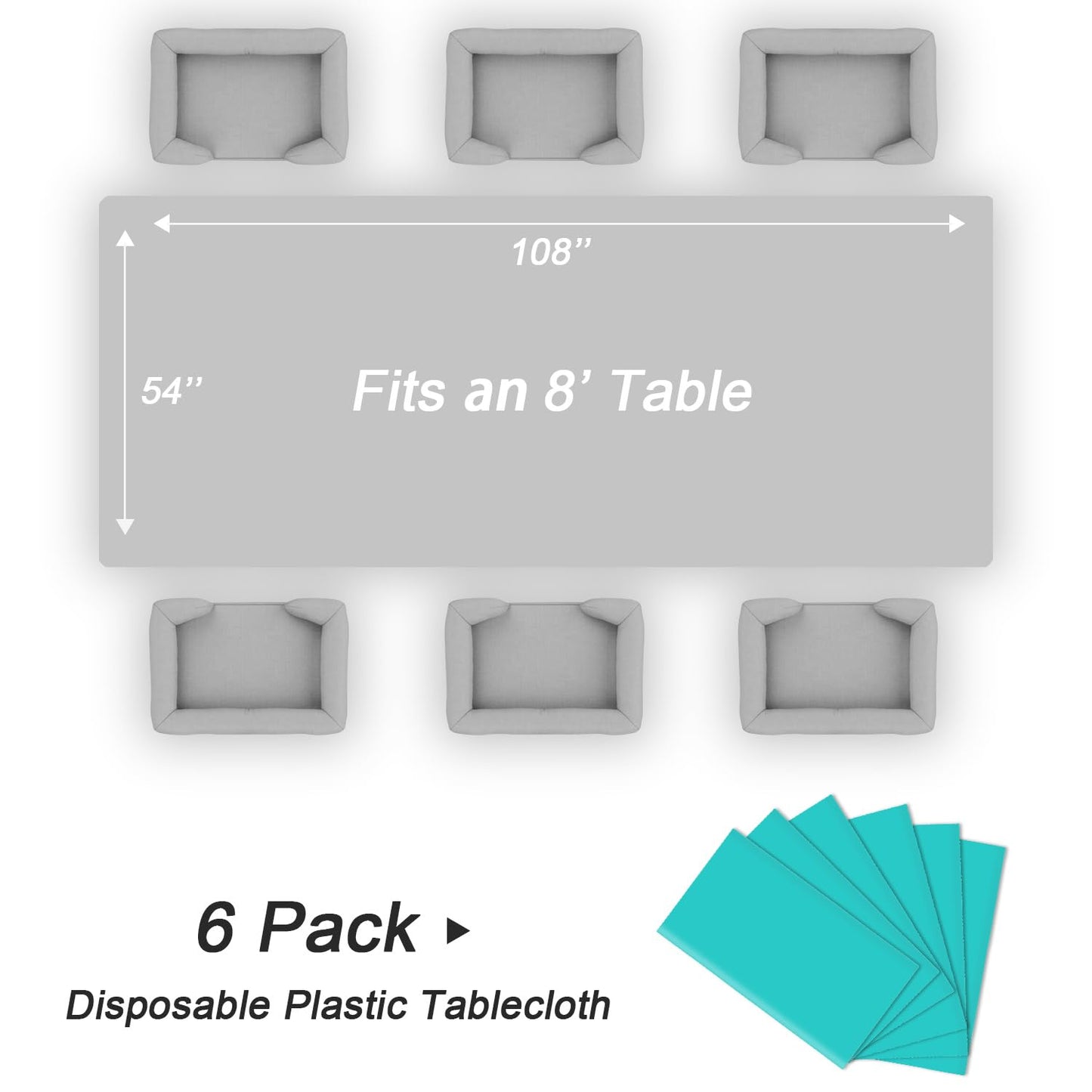 QIKSION Teal Plastic Table Cloth Disposable 6 Pack, 54 x 108 Inch Tablecloths for Easter Party, Summer, Turquoise Rectangle Table Cover