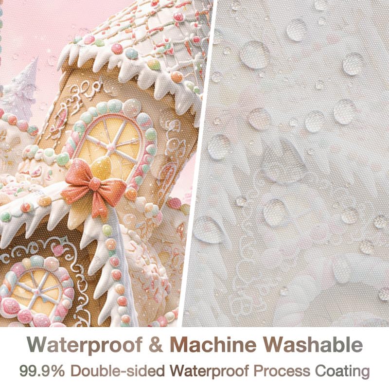 Pink Kahki Christmas Shower Curtain 72x78 Inch Winter Gingerbread House with Hooks