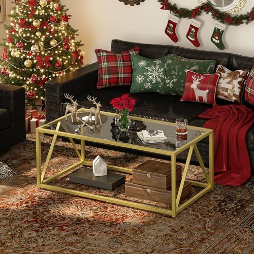 HOOBRO Gold Glass Coffee Table - Modern 1-Layer Center Table for Living Room & Office