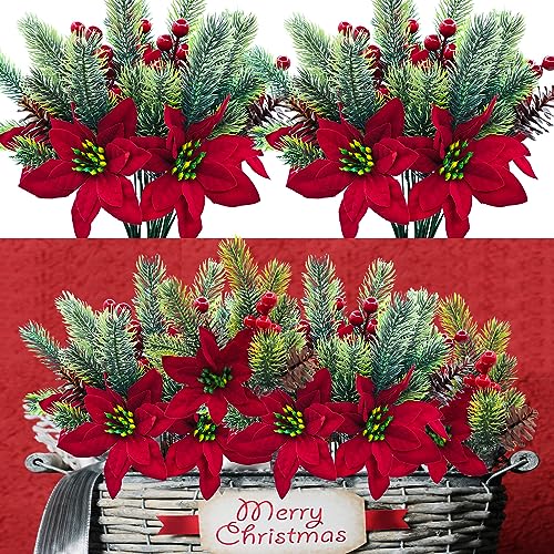 Carfoeny 6Pcs Artificial Poinsettia Christmas Picks with Pine Cones & Red Berries – 13in 4-in-1 Holiday Decor A