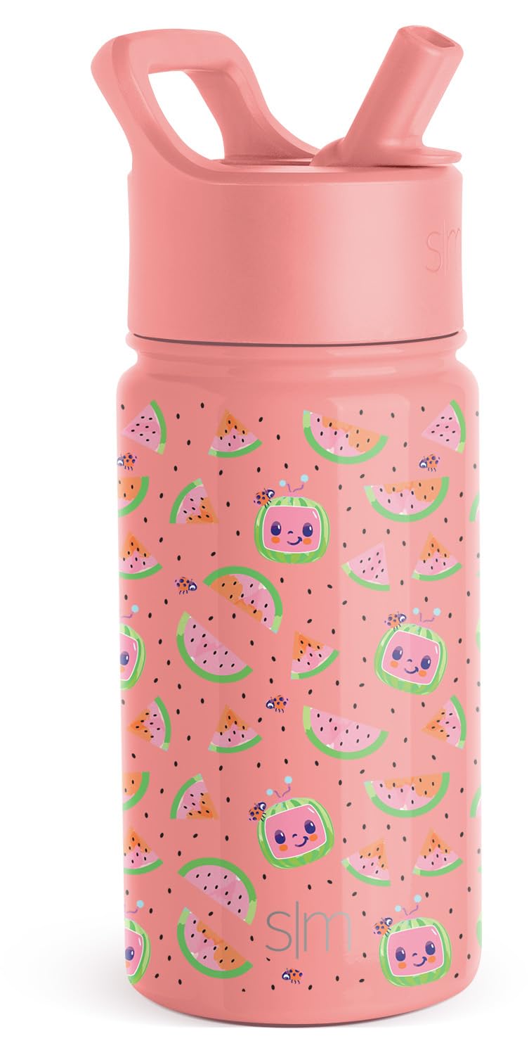 Simple Modern Kids Summit Water Bottle with Straw Lid | CoComelon 14oz Stainless Steel Cup Insulated Tumbler for Toddlers, School | CoComelon Pink Melon