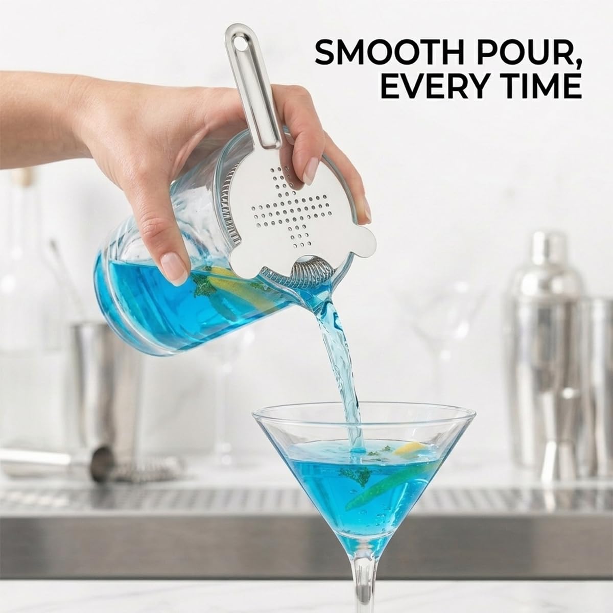 Professional Hawthorne Cocktail Strainer, Food-Grade 304 Stainless Steel Bar Strainer with High-Density Spring, Ergonomic Drink Strainer for Cocktails, Shakers, and Mixing Glasses - Silver