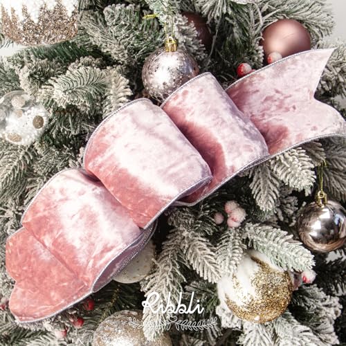 Ribbli Light Pink Velvet Wired Ribbon 4 Inch x 10 Yards - Christmas Gift Wrap & Decorations