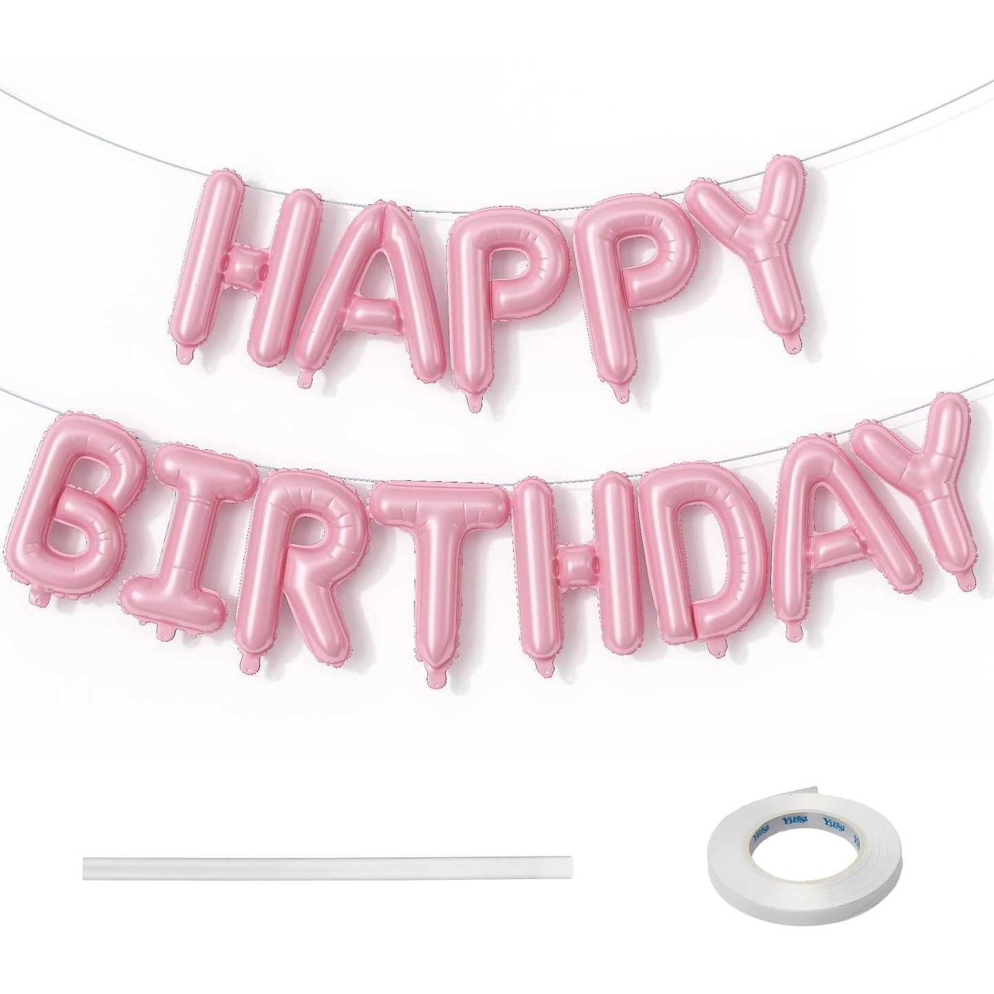 Pink Happy Birthday Balloon Banner, 16 Inch Pastel Pearl Baby Pink Self Inflating Happy Birthday Mylar Foil Balloon, Birthday Bunting Banner Letter Balloons for Girls Women Birthday Party Decorations