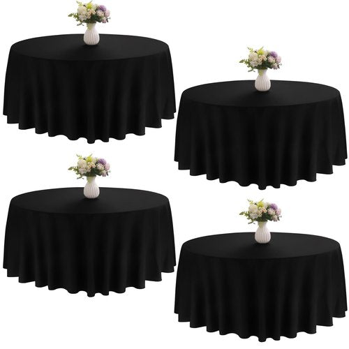 JALANCY 4 Pack Round Tablecloth 90 Inch Black Polyester Washable Fabric Table Covers for Wedding Dining Table Buffet Parties Banquet Decor