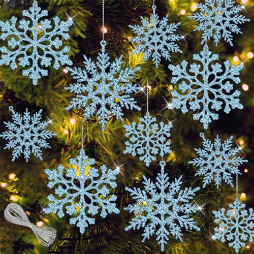 36Pcs Blue Glitter Snowflake Decorations Christmas Ornaments, Hanging Plastic Snow Flakes Ornaments with Silver Rope for Christmas Tree Decorations, Winter Wonderland Party Supplies