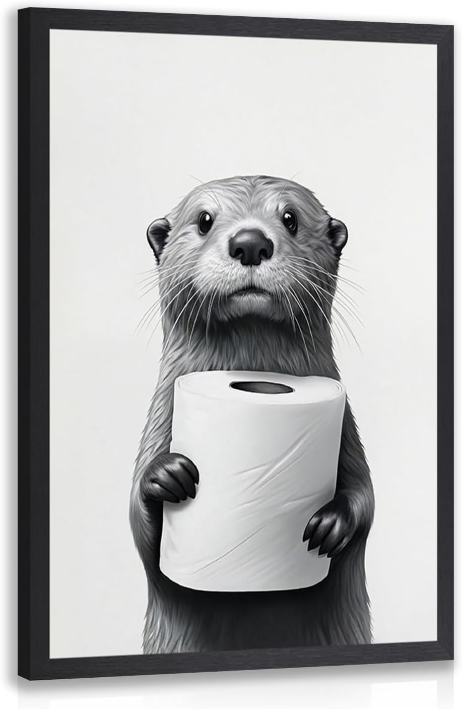LLEEMPI Otter Toilet Paper Wall Art - Modern Minimalist Black & White Canvas Print | 12x16 Inch Framed Decor