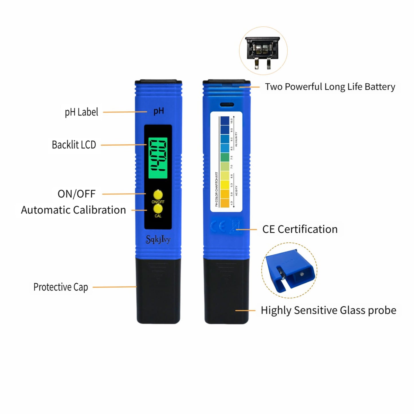 SqkjIvy pH Meter for Water, Hydroponics Digital Tester Pen 0.01 High Accuracy Pocket Size with 0-14 Measurement Range, ph up and Down for hydroponics Growing System/Plants/Canning/Soil (Blue)