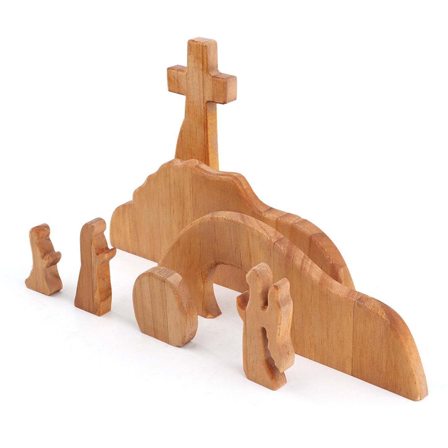 YOSINXU Empty Tomb Easter Scene and Christian Cross Decoration, Wooden Easter Resurrection Scene Cross Jesus Tomb Tray Set, Easter Decor for Religious Home Office Tabletop Christian Gifts