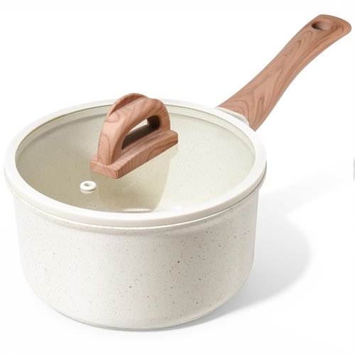 Ceramic Nonstick Saucepan with Lid, 2.0 QT Small Non Stick Stock Pot with Stay-cool Handle, Induction Compatible Cooking Pot White Granite Coating Easy to Clean Non-toxic Kitchen Cookware