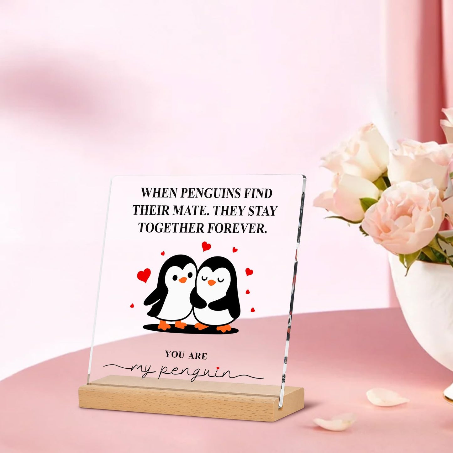 Atichwem Romantic Penguin Acrylic Plaque with Wooden Stand, 5.9×5.9 Inch Clear Acrylic for Home Office Decor, Wedding Engagement Anniversary Birthday Valentines Day Gifts for Couples Him Her