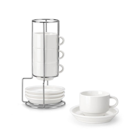 MALACASA 2.5 OZ Porcelain Espresso Cups with Saucers and Metal Stand Set of 4, Stackable Cappuccino Cups, White Expresso Shots Cup Set for Coffee Drinks, Latte, Tea