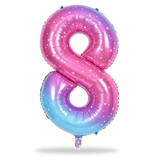 40 Inch Rainbow Foil Balloon Number 8, Giant Self Inflating Gradient Blue Pink Number Balloons 0-9 for Women, Starry Print 8 Helium Balloons Set for Girls 8th Birthday Party Decorations Supplies