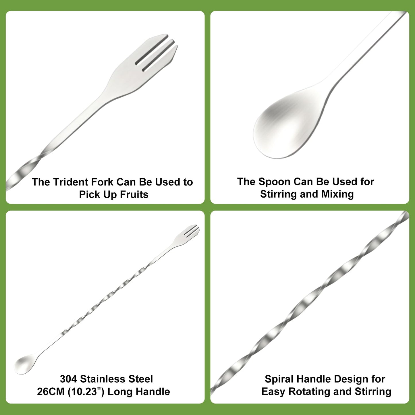4Pcs 10'' Muddler and Spoon Set for Cocktails 304 Stainless Steel Fruit Smasher Home Bar Bartender Accessories Stirrers Mixing Tools for Mojitos Drinks Lemonade Stand Supplies
