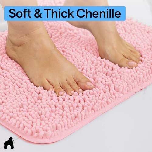 GORILLA GRIP Bath Rug Mat - Thick Soft Absorbent Chenille | Quick Dry Microfiber, 24x17 Light Pink