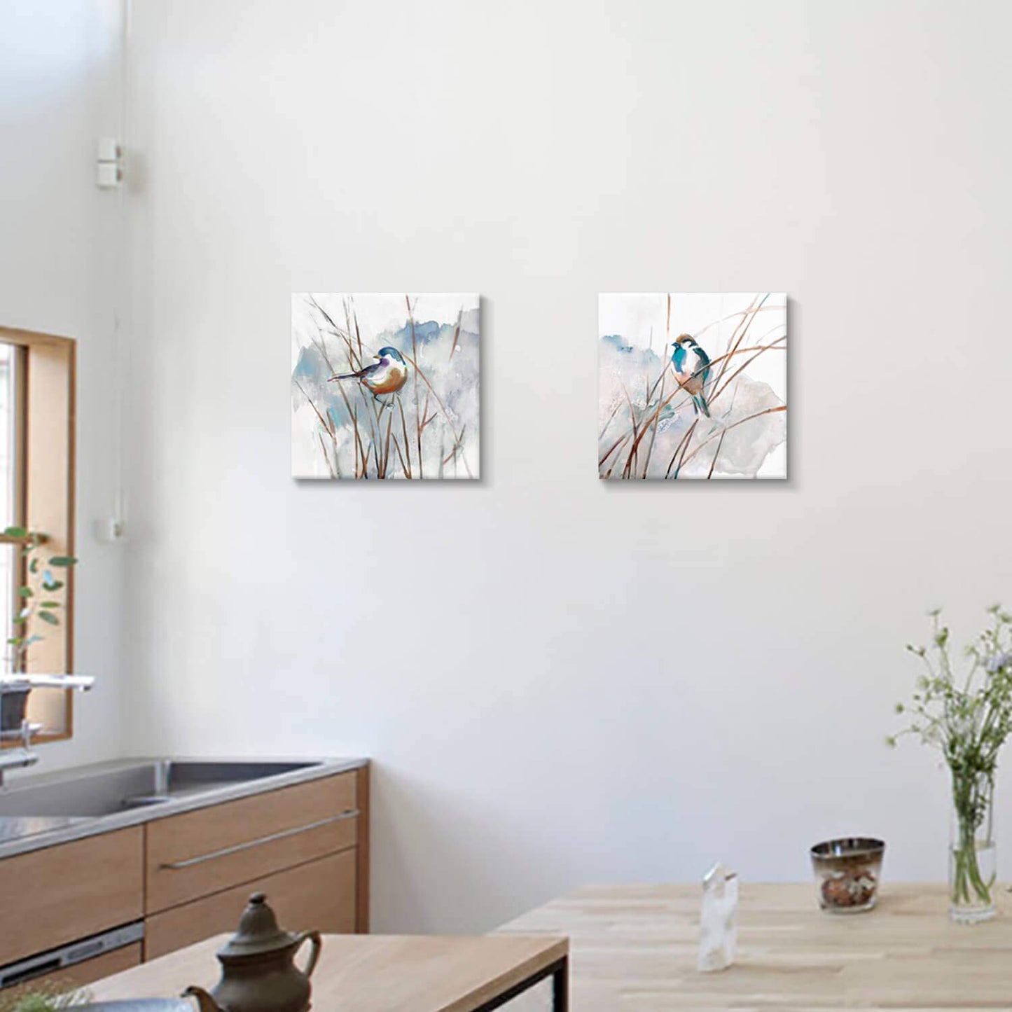 Abstract Bird Picture Wall Art: Animal Birds on Reed Artwork Painting on Canvas for Living Room (16” x 16” x 2 Panels)