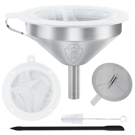 WMKGG 304 Stainless Steel Funnel, 5 Inch Funnels for Kitchen Use Filling Bottles, with 200 Mesh and 100 Mesh Fine Mesh Strainer, for Oils, Juice, Wine, Coffee, Milk, Tea, Powder
