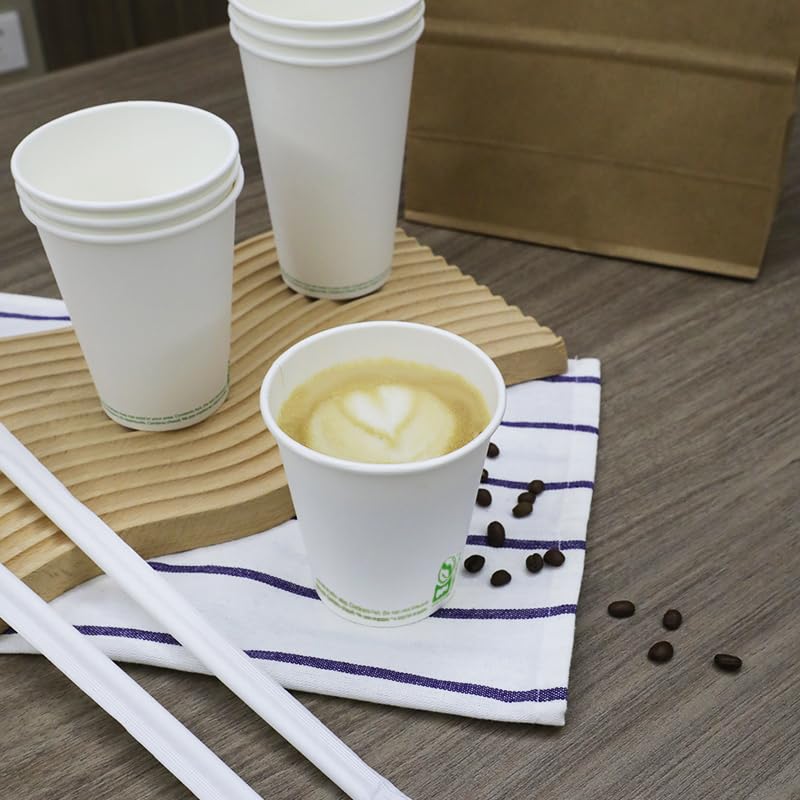 8 Oz Disposable Compostable Paper Coffee Cups - White, Leak-Proof, 1000 Pack