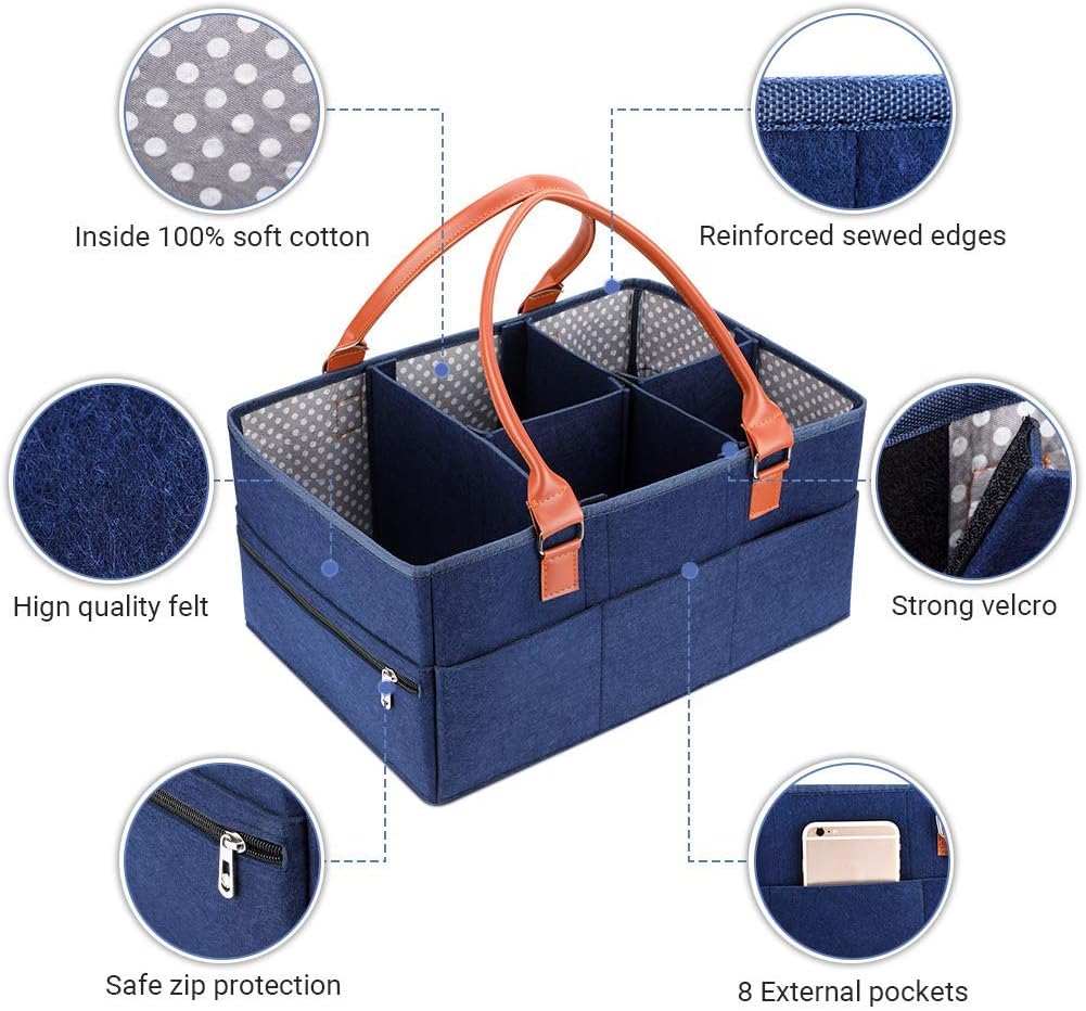 Marhynchus Large Portable Nappy Storage Basket - Detachable Divider Baby Diaper Caddy in Navy for Nursery & Travel