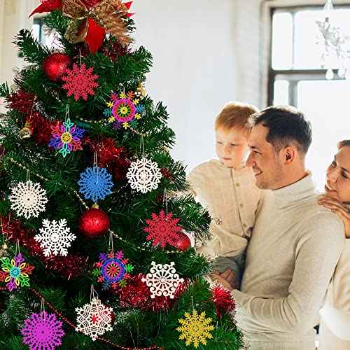 Sggvecsy Unfinished Wooden Snowflakes Ornaments, 36Pcs Christmas Tree Hanging Decoration Wood Cutouts DIY Craft Snowflake Shaped Embellishments Xmas Rustic Crafts with Twine (4 inch)