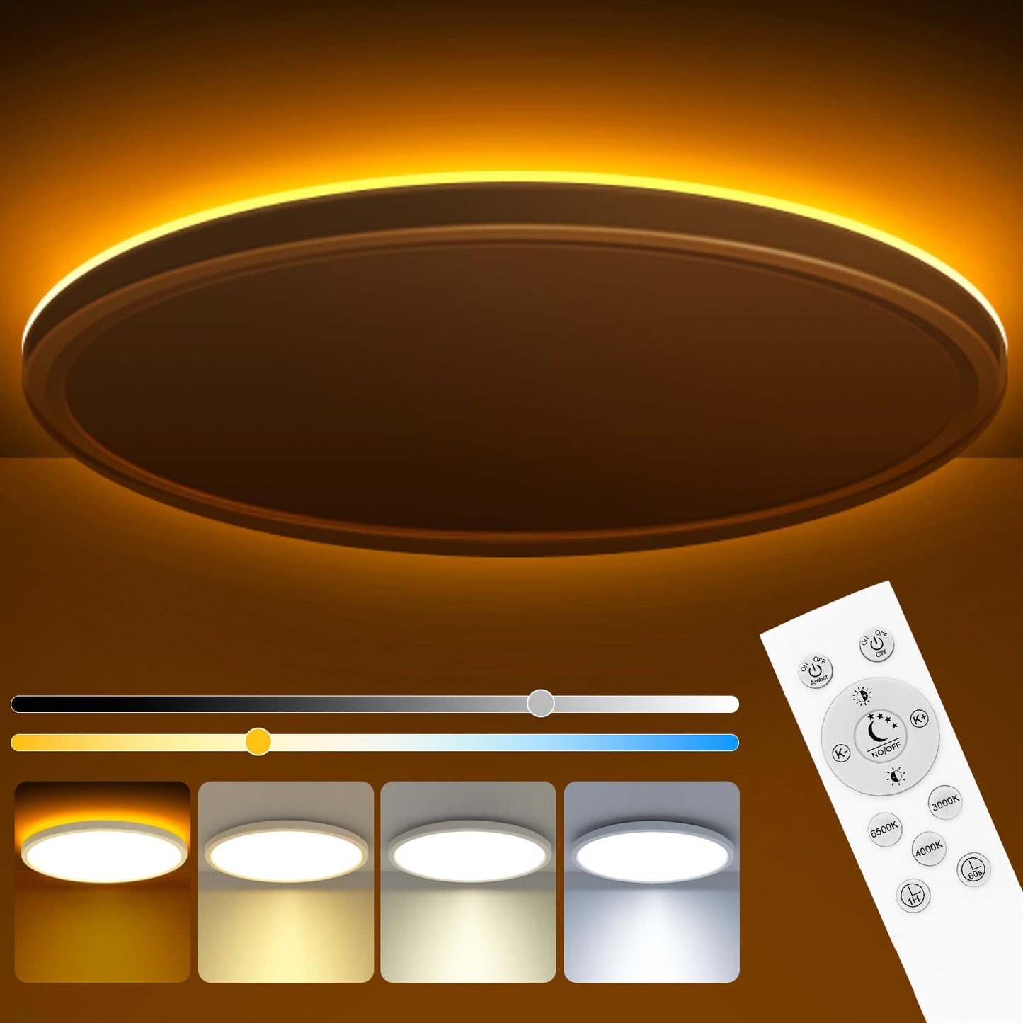 zemty 15 Inch LED Ceiling Light with Night Light 1800K, 3000K/4000K/6500K Dimmable Ceiling Light Fixtures with Remote Control, Low Profile Ceiling Lighting for Bedroom Living Room Kitchen-White