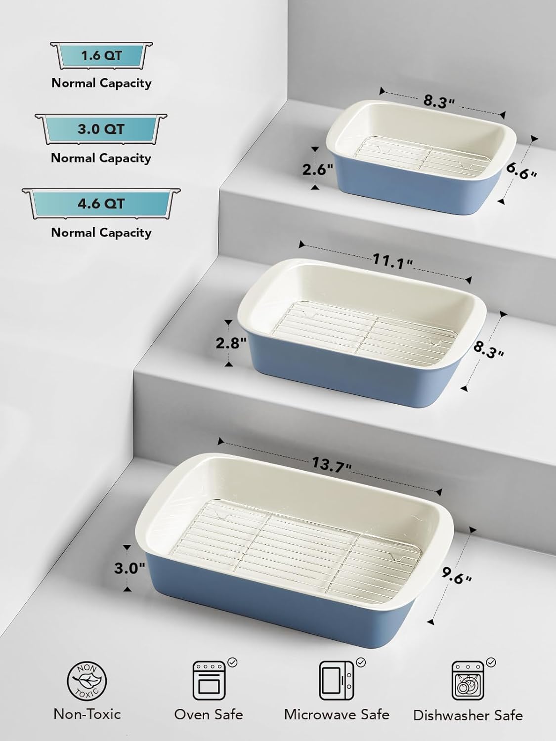 LE TAUCI Ceramic Baking Dish Set - Deep Casserole Dishes with Roasting Racks | Dusty Blue, 3-Piece Set (4.6QT/3.0QT/1.6QT)