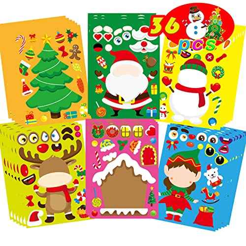 DUJAA 36 Sheets Christmas Party Games Stickers for Kids Make Your Own Sticker, Make a face Sticker with Santa Snowman Reindeer Elf for Kids Holiday Christmas Party Favors