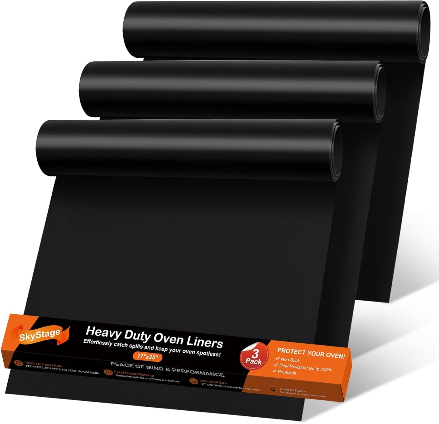 Skiennix Oven Liners - Heavy Duty Non-Stick Mats | 3 Pack, 17"x25", BPA & PFOA Free, 500°F Resistant