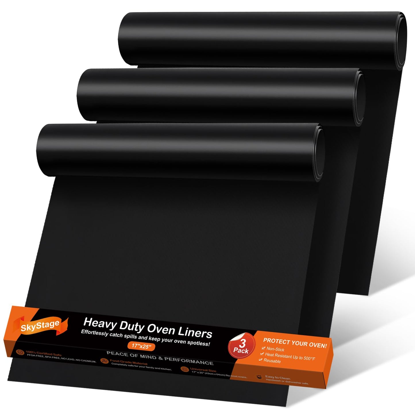SkyStage 3 Pack Oven Liners for Bottom of Oven, 17"x 25" Large Heavy Duty Non-Stick Reusable Oven Mat, Resistant 500°F, BPA & PFOA Free, for Electric, Gas, Toaster Ovens, Grills, Keep Oven Clean