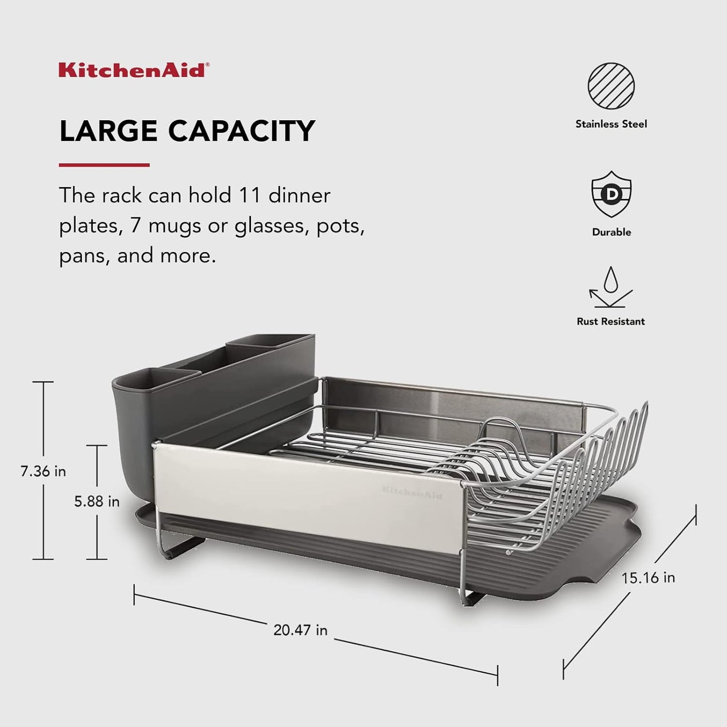 KitchenAid Dish Rack - Large Capacity Self-Draining Design | Rust-Resistant Satin Coated, 20.47-Inch, Gray
