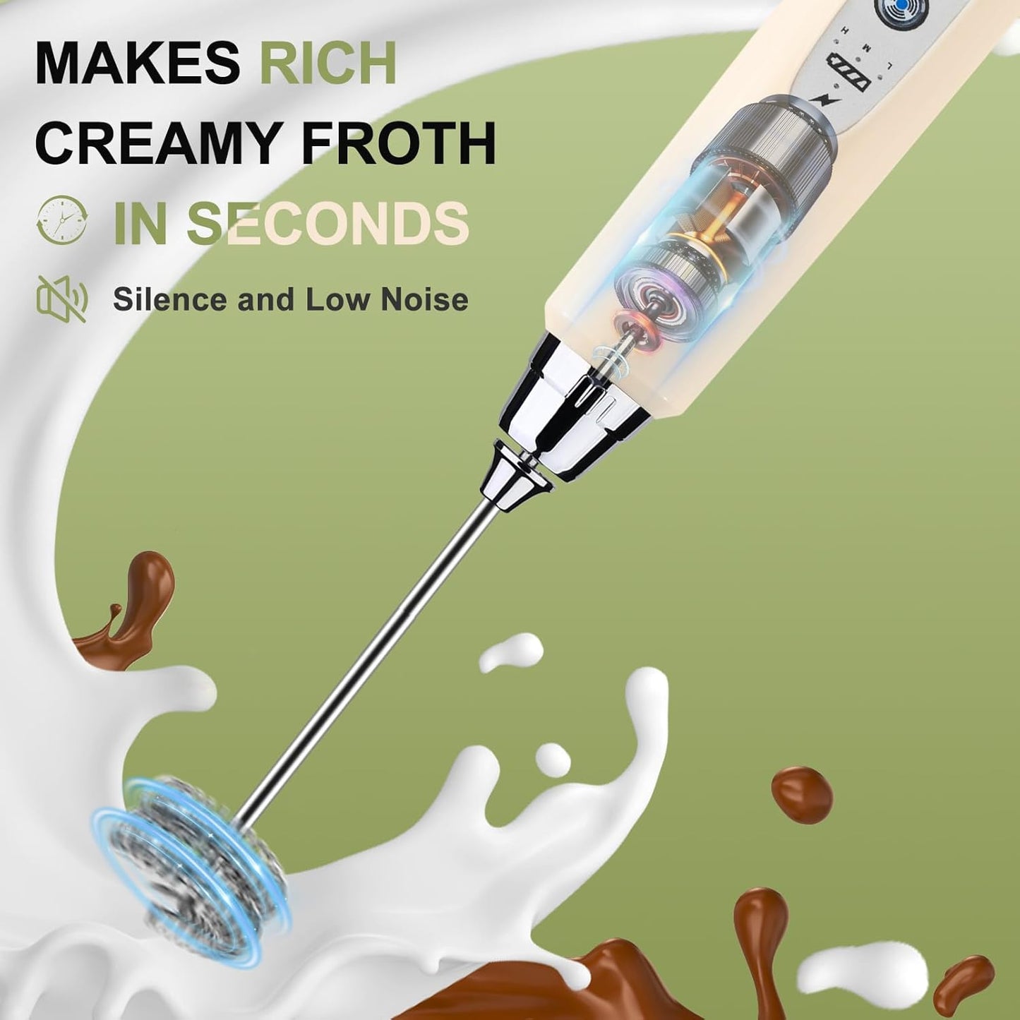 YUSWKO Handheld Milk Frother - Rechargeable Electric Whisk with 3 Heads & 3 Speeds for Lattes, Cappuccinos & More