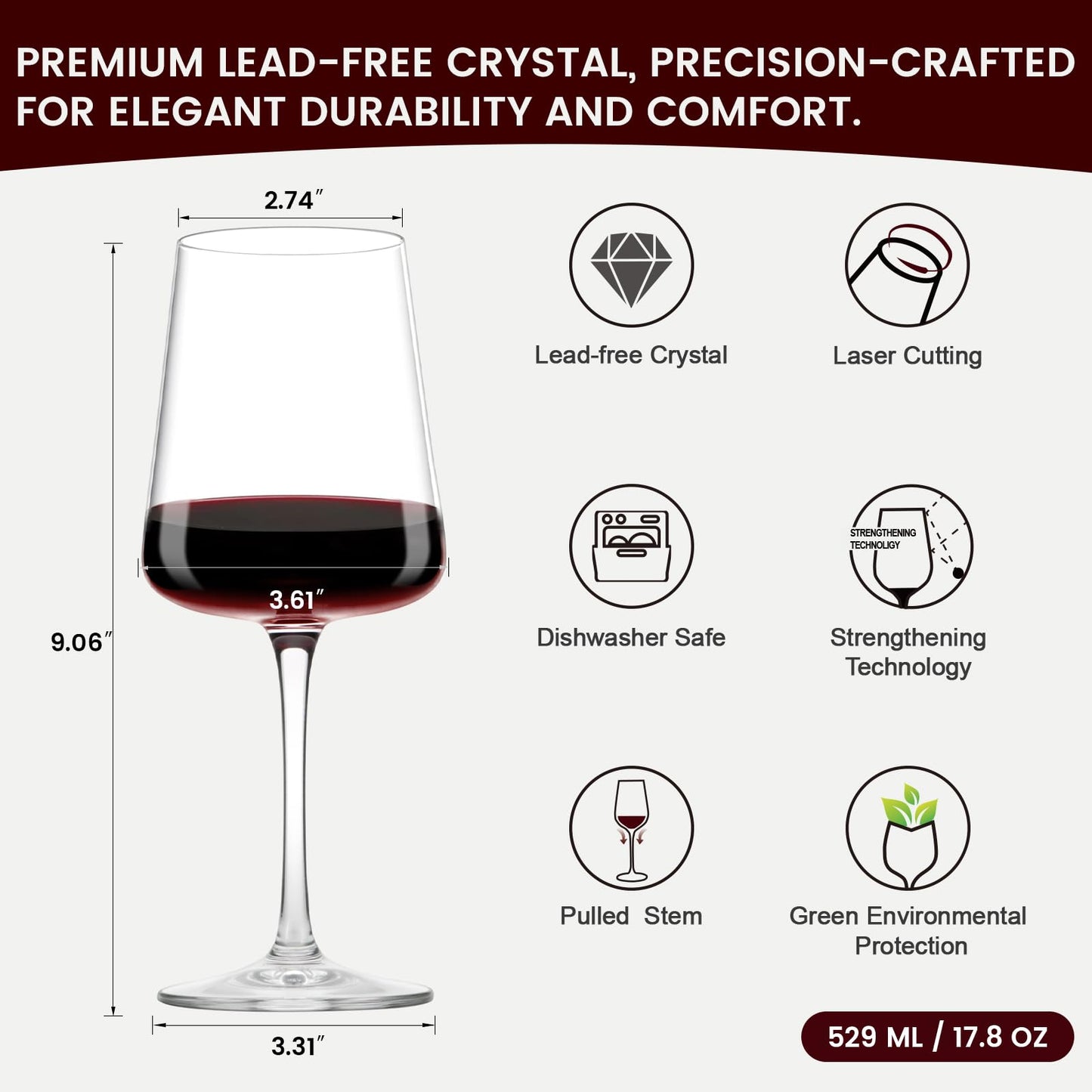 GENICOOK Wine Glasses Set Of 6,Hand Blown Lead-Free Clear Glassware,18 oz Crystal Red Wine Glasses Set,Long Stem Perfect for Party,Wedding,Brithday,Anniversary.