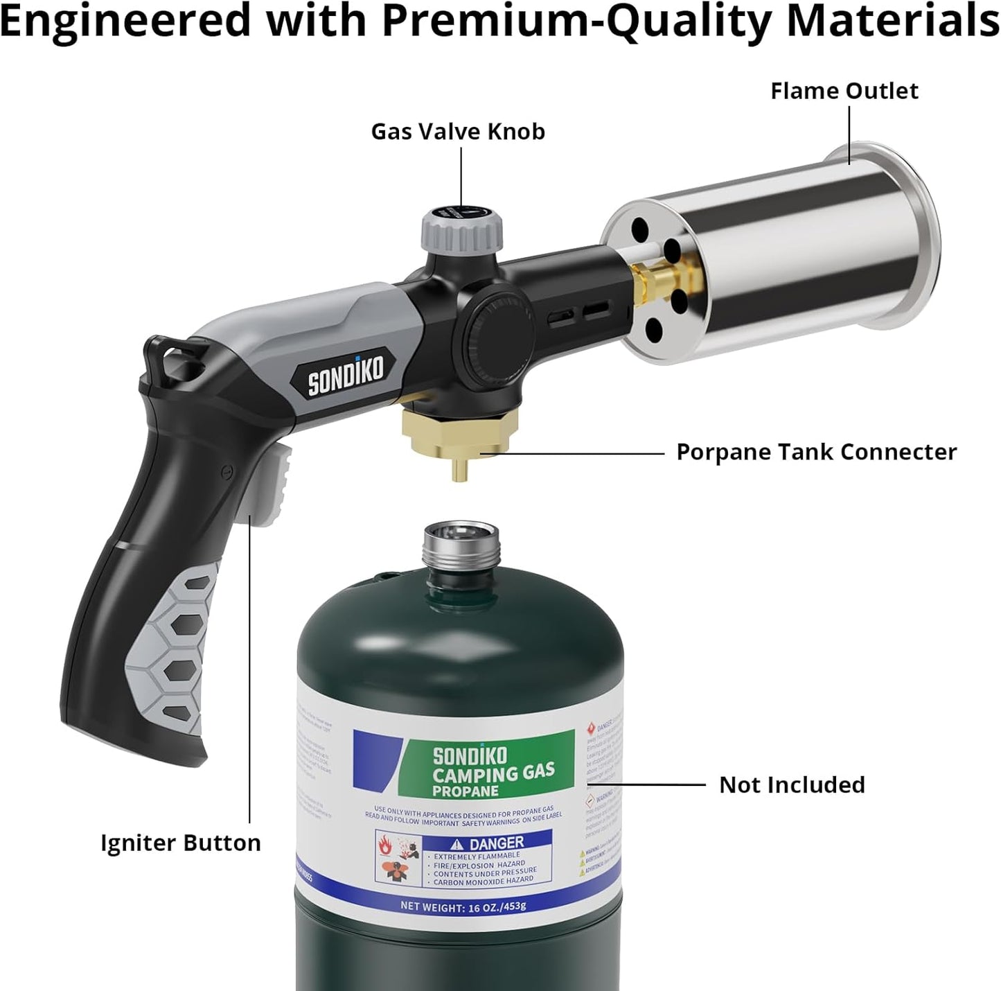 Sondiko Powerful Propane Torch - Adjustable Cooking & Searing Tool for BBQ, Campfire | Black & Grey