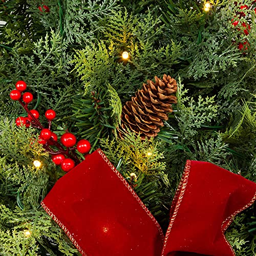 Pre-Lit Wall Christmas Tree with Red Bow - Battery-Operated, 26 Inch Holiday Decor