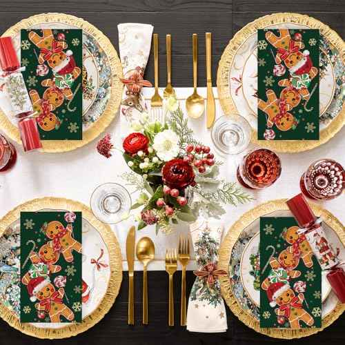 Horaldaily 50 Christmas Disposable Paper Decorative Guest Napkins, Green Gingerbread Man Cane Candy Hand Towel for Party Lunch Dinner Kitchen Bathroom