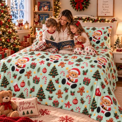 YIYEA Twin Kids Christmas Cotton Sheet Set 100% Cotton, 16" Deep Pocket, 3-Piece - Variation Sm2695