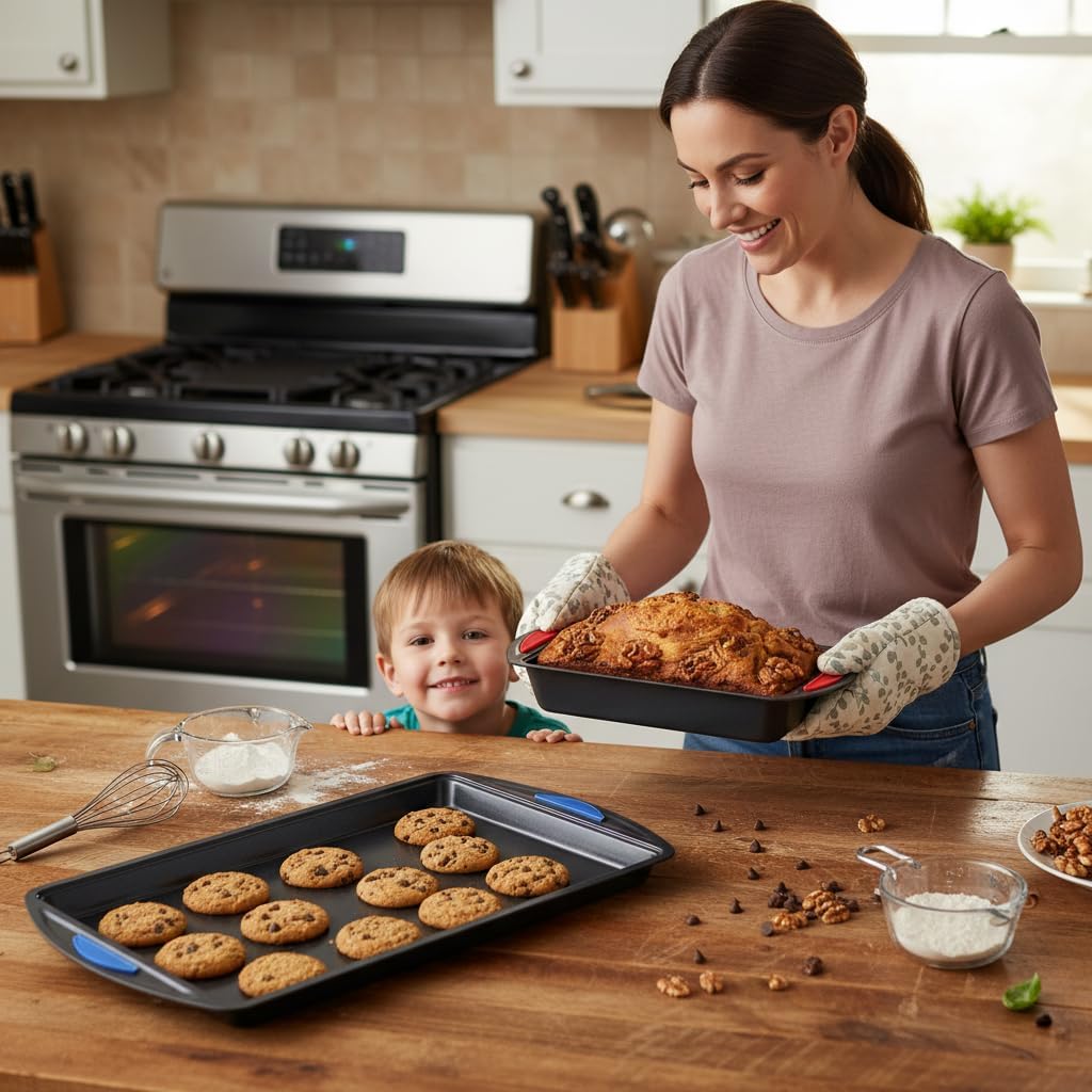 NutriChef 10-Piece Nonstick Bakeware Set - Heavy-Duty Carbon Steel Trays with Silicone Handles | Includes Cookie Sheets, Muffin Pan, Pizza & Loaf Pan, Round & Square Pans - Easy to Clean