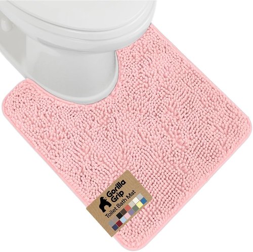 GORILLA GRIP Plush Chenille Bath Rug Mat - Soft Microfiber, Machine Washable, Oval Toilet Base, Light Pink