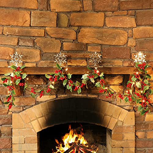 ATDAWN 9 FT Red Berry Christmas Lighted Garland, Battery Operated Christmas Garland with Lights, Flexible Artificial Garland for Indoor Home Fireplace Christmas Holiday New Year Decoration