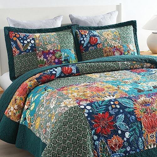 Autumn Dream Reversible Cotton Bedspread Quilt Set Turquoise Floral Patchwork Queen Size