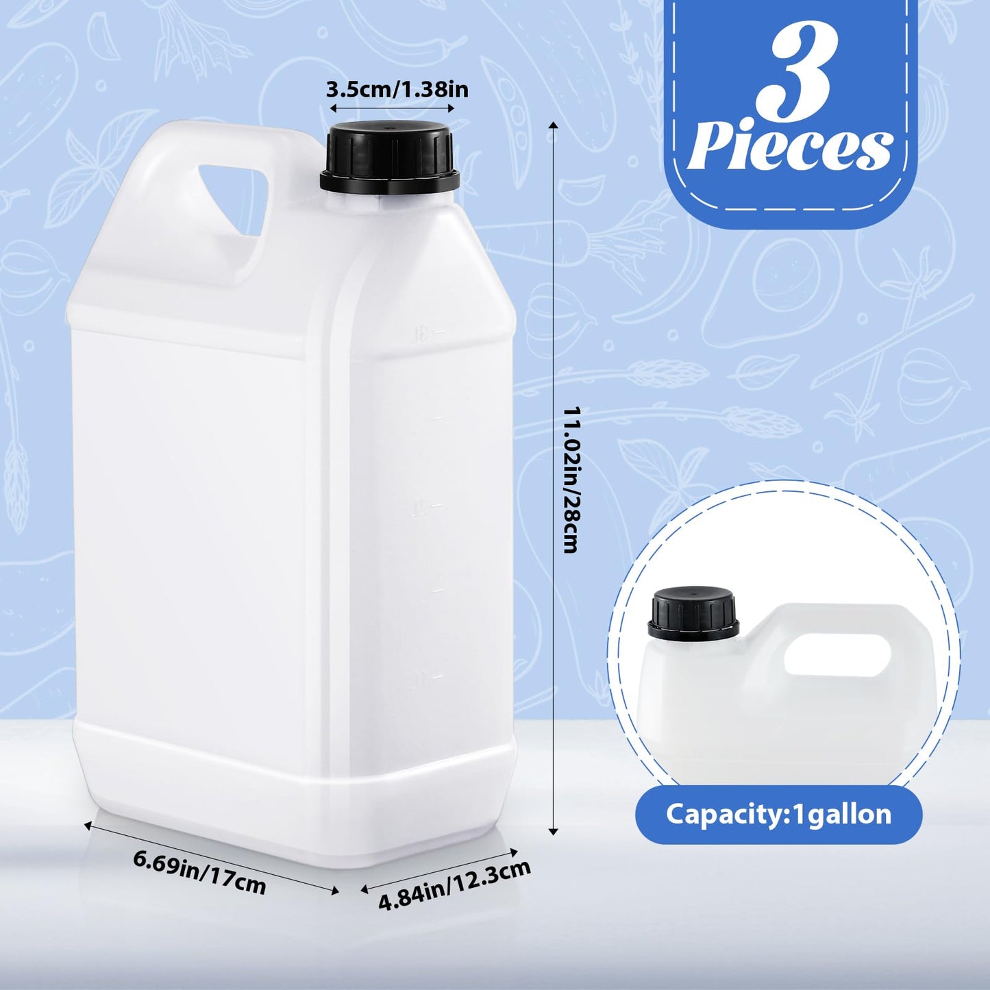 Ziliny 3 Pcs 1 Gallon Plastic Jug with Lids Square Empty Storage Containers Hdpe Carboy Plastic Jar Containers for Milk Water Beverage Oil Liquids (Translucent Color)