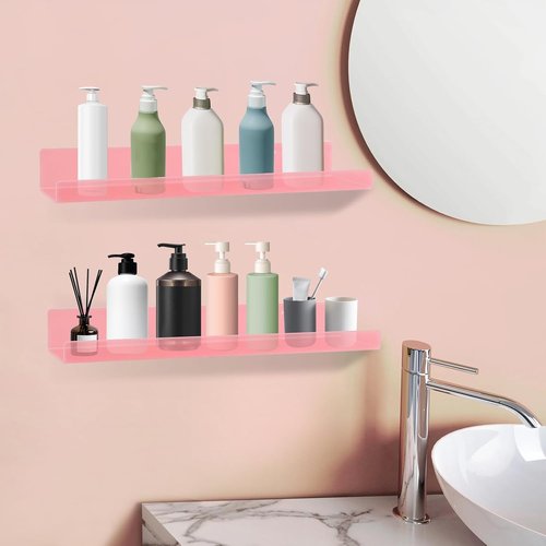 Dezzer Acrylic Floating Shelves - 15" Wall-Mounted Storage for Books, Toys & Perfume | Pink 4-Pack