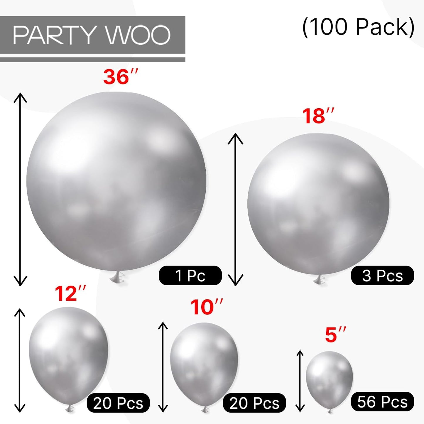 PartyWoo Silver Balloons - 100-Piece Arch Kit with Various Sizes for Birthday & Graduation Decor