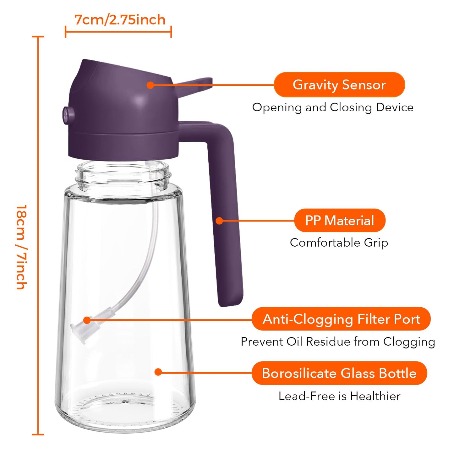 YARRAMATE 16oz/470ml Glass Olive Oil Sprayer for Cooking with Stickers, 2 in 1 Oil Dispenser for Kitchen Gadgets, Food Grade Premium Spray Bottle with Portion Control for Salad, BBQ (Purple)