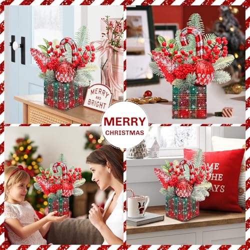 KPX Large-Square-Red Mini Christmas Tree Tabletop Decor with Ornaments & Pine Cones