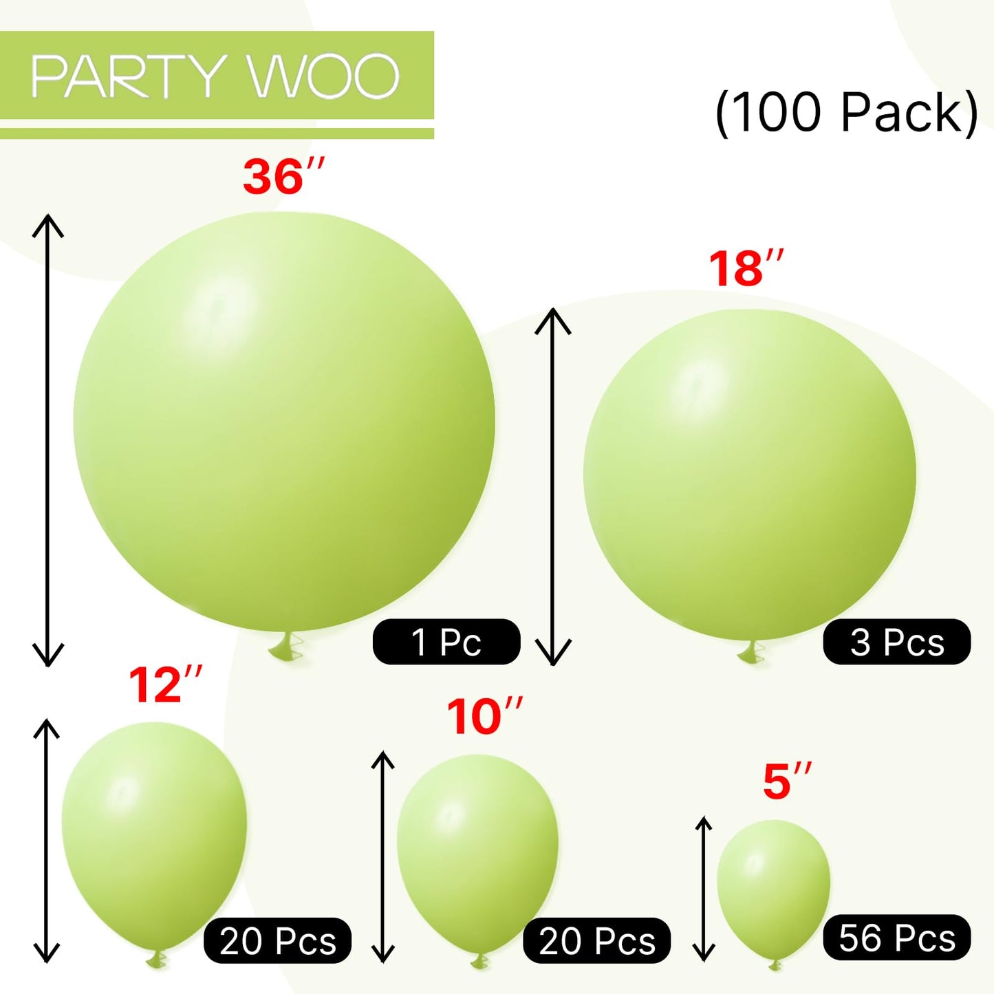 PartyWoo Lime Green Balloons 100 pcs Different Sizes of 36 18 12 10 5 Inch Neon Yellowish Light Green Latex Balloon Arch Kit Garland for Graduation Halloween Summer Birthday Party Decorations Green-Y6