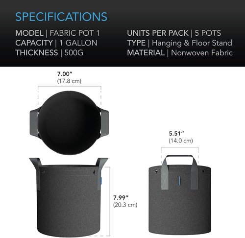 AC Infinity Heavy Duty Fabric Pots - 1 Gallon Aeration Grow Bags 5-Pack | Durable Nonwoven Fabric for Plant Training